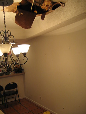 Collapsed ceiling drywall from a roof or plumbing leak